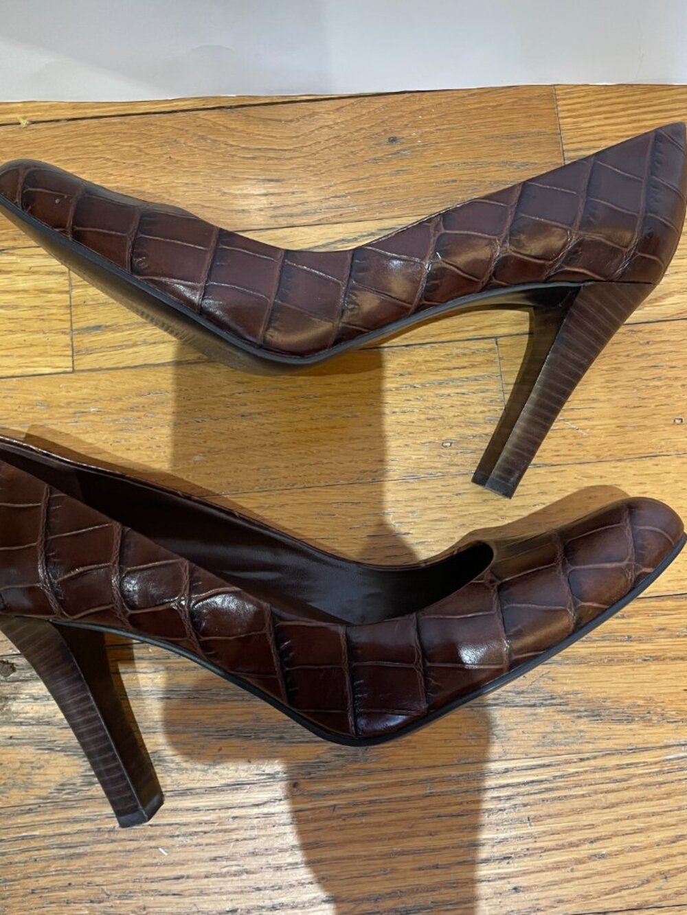 LAUREN Ralph Lauren Brown Leather Croc Embossed 3.75 Heel S 10 - Picture 3 of 9